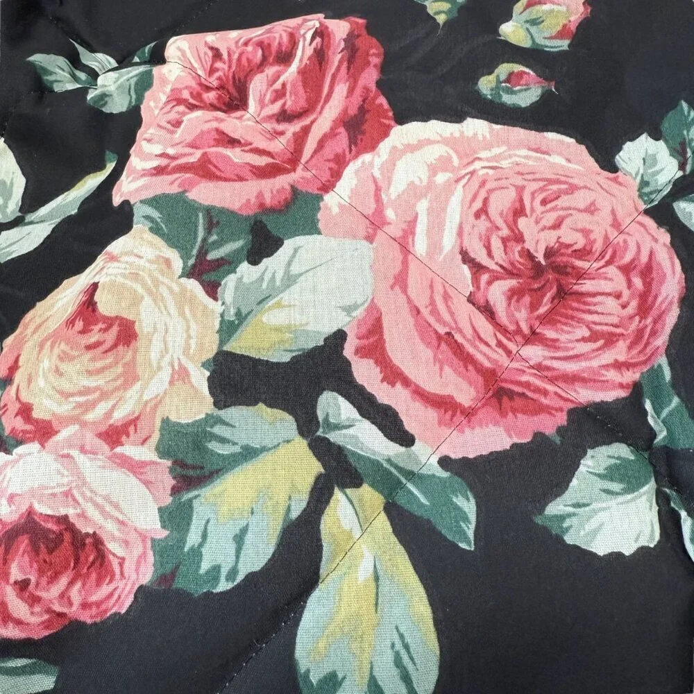 Cabbage Rose Floral Pillow Sham Quilted Black Pink Cotton Blend Pillowcase NEW